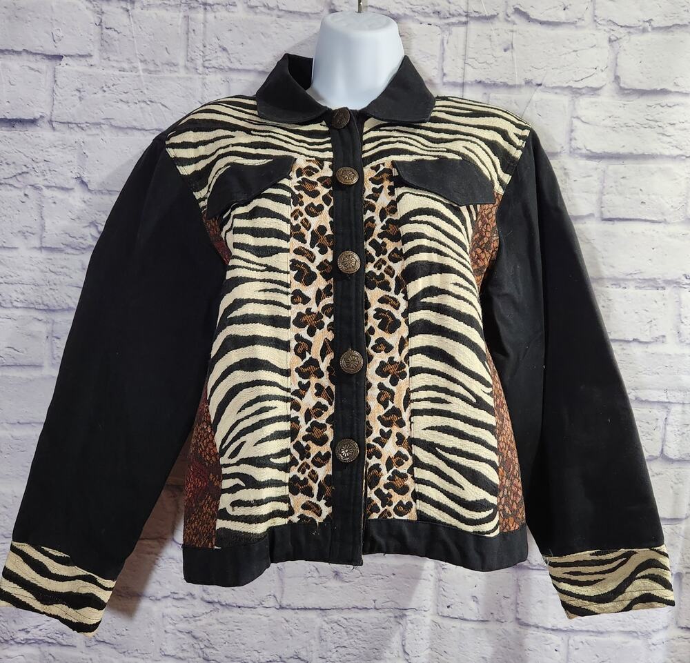 VTG Carolina Blues Black Tan Brown Animal Print Denim Jacket Small Button Up